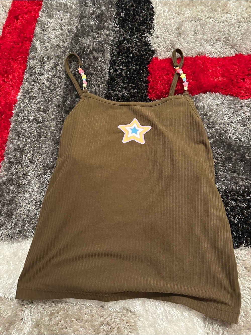 Girls Olive Brown Ribbed Star Appliqué Tank Dress - Unbranded